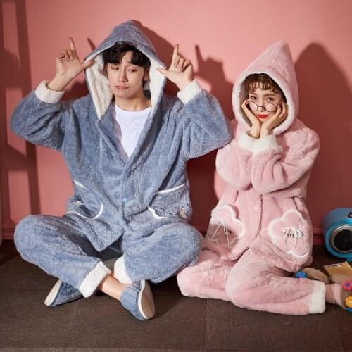 WAVMIT Winter Warm Men Flannel Hooded Long Sleeve Couple Pajamas Set Leisure Women Sleepwear Set Gold Velvet Pyjamas Homewear