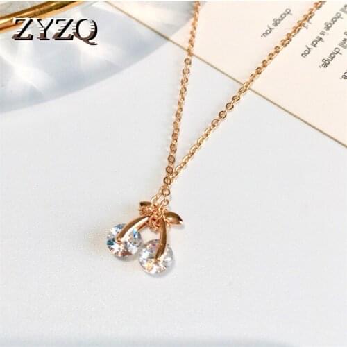 ZYZQ Korean Style Romantic Necklace For Women With Shiny Cubic Zircon Stone Cherry Shaped Golden Color Jewelry Necklace Hot Sale