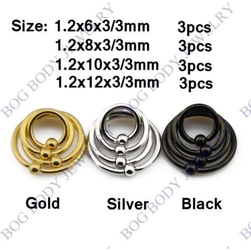 12Pieces/Set-Gold & Black Anodized Steel Captive Bead Ring Nose Ring Septum Hoop Ear Tragus Piercing Ring 3mm Ball 16g