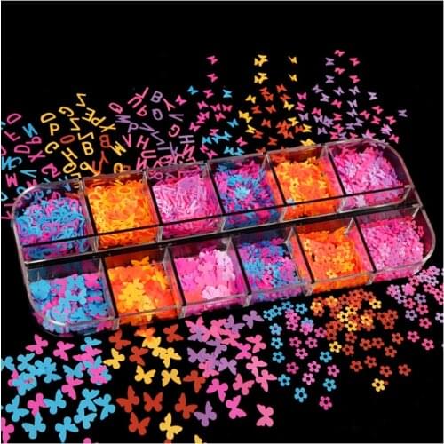 12Grids/Set Easter, Mothers Day New Products Holographic Butterfly Mixed Size Nail Glitter Flakes Sequins Nail Art Decoration