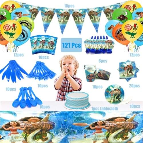 121PCS Disney Moana Theme Kids Birthday Party Paper Cups Plates Napkins Baby Shower Disposable Tableware Supplies 10 People Use