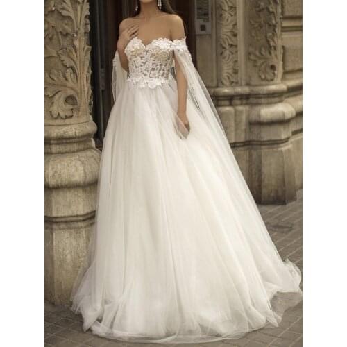 2021 Tulle Lace Wedding Dresses for Bride Long A Line Sweetheart Bridal Gowns with Cape vestido de noiva