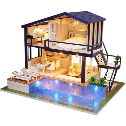 DIY 3D Wooden Dollhouse Mini House Furniture Apartment Doll Penthouse Furniture Swimming Pool Girl kids Gift Educational Toys