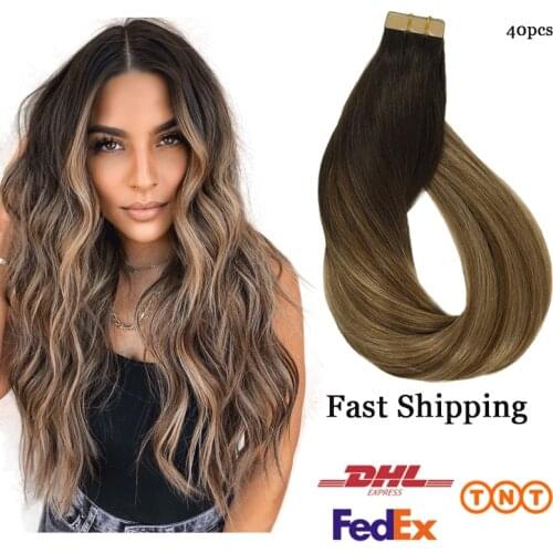 40pcs Tape in Human Hair Extensions Seamless Skin Weft Hair Extensions Straight Highlights 100% Human Hair Remy Adhesive14"-24"