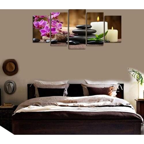 5 Panel Modern Canvas Wall Art Spring Zen Stone Poster Picture HD Print Canvas Print Painting Orchid Wall DecorAtion