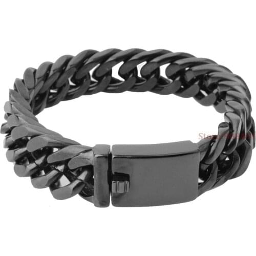 New Fashion Mens Boys Hip Hop Black Stone Stainless Steel Heavy Curb Double Link Bracelet 15mm