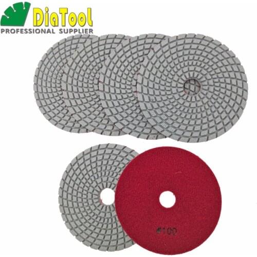 DIATOOL 6pcs #100 125MM Diamond Flexible Wet Polishing Pads For Stone, Granite&marble, White Bond, Stone Sanding Discs