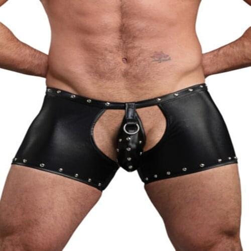 Punk Gothic Sexy PVC Shorts Men Black Wetlook Panties Hollow Out Gays Erotic Boxers Pole Dance Costume Faux Leather Game Uniform