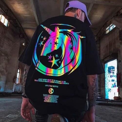 Summer Loose HipHop Fashion Brand Reflective Short Sleeve T-shirt Mens Large Size Luminous Unicorn Half Sleeve Fat Summer Wear