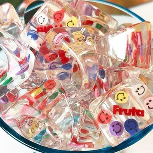 New Korean Version Transparent Cartoon Resin Smiley Face Crystal Color Matching Square Acrylic Ring For Women Party Jewelry Gift