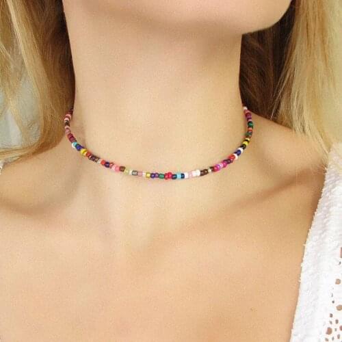 Handmade Beaded Elastic Choker Necklace Bohemian Colorful Seed Beads Chain Necklaces for Women Summer Beach Jewelry Dropshipping