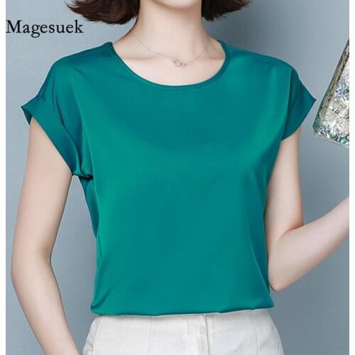 Summer Women Satin Silk Shirts Women 2021 Fashion Sexy Casual Solid Blouse Short Sleeve O Neck Solid Tops Party Girl Blusas 9498