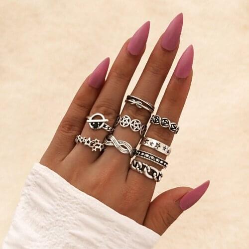 Modyle Bohemia Antique Silver Color Rings for Women Star Flower Chain Jewelry
