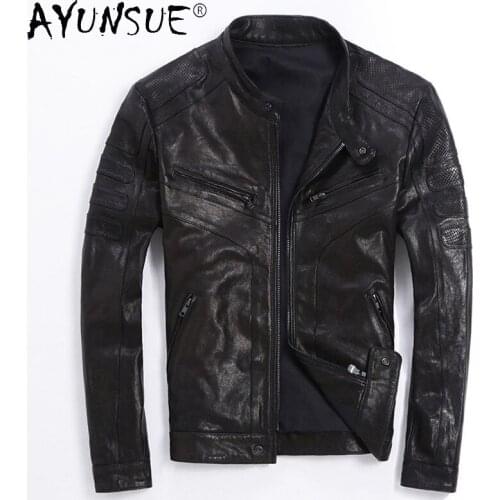 AYUNSUE Vintage Real Leather Jacket Men Natural Sheepskin Coat Spring Autumn Biker Motorcycle Leather Jackets Chamarra Hombre KJ