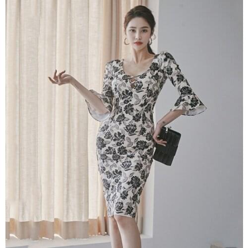 New arrival fashion korean spring midi dress women OL temperament profession print flower slim thin party pencil split dress