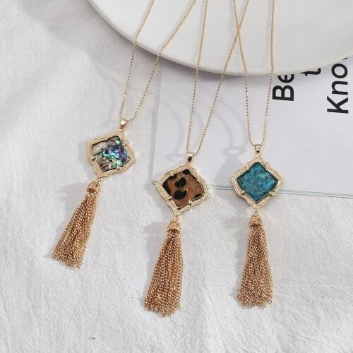 New Style Abalone Shell Paper Leopard Pattern Pendant Necklace Tassels Long Chain Sweater Necklace Fashion Geometric Jewelry