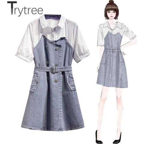 Trytree 2020 Summer Woman Casual Turn-down Collar Dress Shirt Patchwork cowboy Pockets A-line Fake two pieces Mini Loose Dress