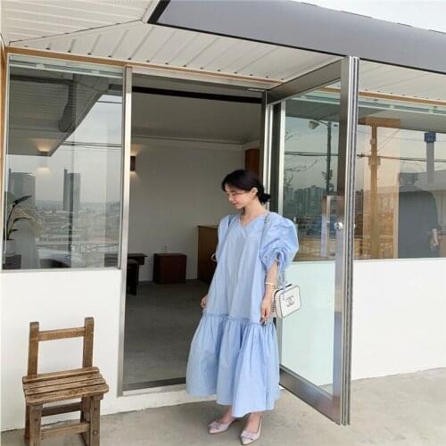 Korean Style Fungus Side Ruffled Puff Sleeve Dress