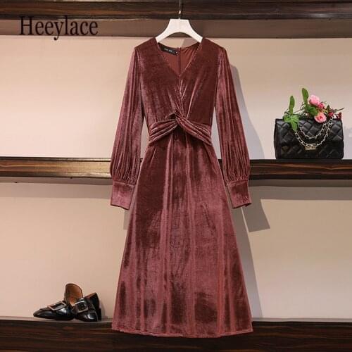 Plus size 5xl retro vintage velvet long sleeve dress office ladies autumn elegant velvet pleated bandage night party dresses