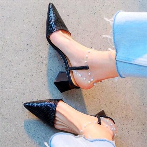 Sexy Party Pumps Womens Pearls Cow Leather Pointed Toe Block Heel Mary Janes Sandals Party Shoes Nightclub 34 35 36 37 38 39 40