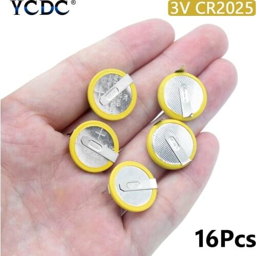 YCDC 16Pcs/lot CR2025 3V Battery with mounting pins/tabs 2 Tabs Coin Cell Batteries Single Use For Main Board Electronic Scale