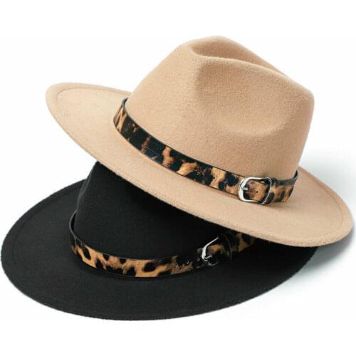 2020 Fashion Trend Women Ladies Wool Felt Fedora Hat Leopard Print Wide Brim Wool Panama Casual Formal Party Winter New Fedoras