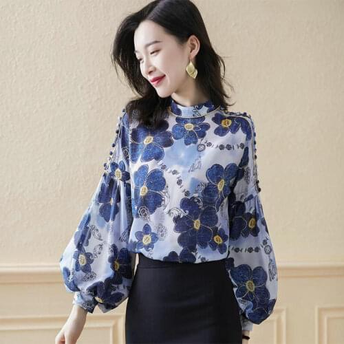 Floral Chiffon Women Blouse Vintage Design 2021 Lantern Sleeved Loose Printed Lady Elegant Pulls Outwear Tops
