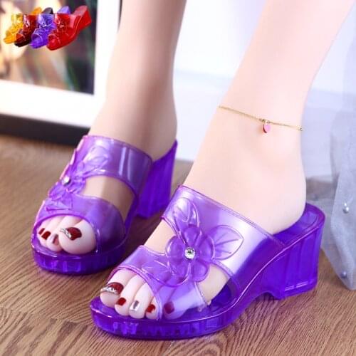 Summer ladies slippers 2021 new trend Korean crystal transparent sandals and slippers slope heel slippers thick bottom non-slip