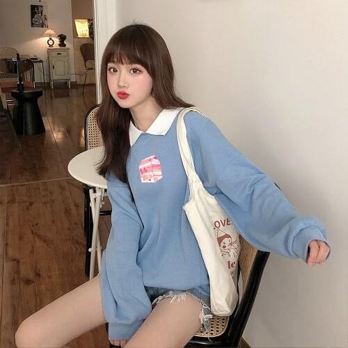 Womens Comfy Cute Sweatshirts Japanese Streetwear Clothes Woman Hoodies Kawaii Turn-down Collar Strawberry Printing Sweetshirts