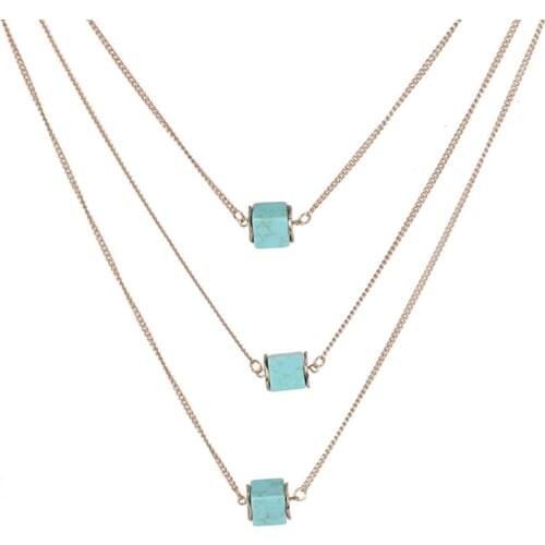 Light Yellow Gold Color Multi Layer Square Green Turquoises Pendant Link Chain Necklace for Women Jewelry