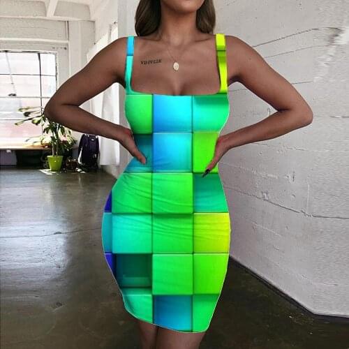 Giyu Brand Rainbow Dress Women Colorful Halter Sleeveless Cube 3d Print Geometry Bodycon Dress Womens Clothing Summer Short Boho