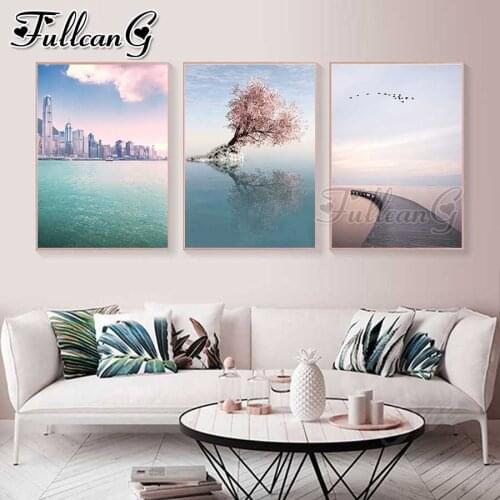 FULLCANG 5d diy diamond embroidery Landscape tree city sea landscape diamond painting triptych full square round drill FC2998