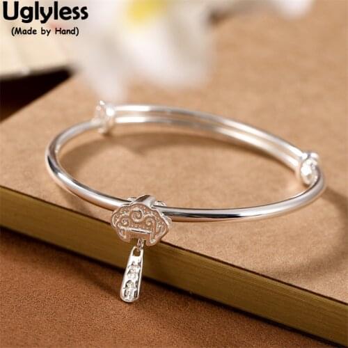 Uglyless Vintage Ethnic RUYI China Chic Push-pull Bangles for Women Adjustable Glossy Silver 999 Pure Silver Bangle Lock Jewelry
