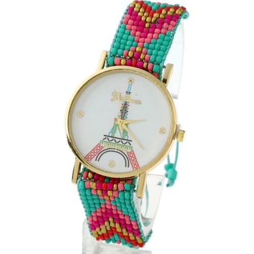 Gnova Platinum Women Watch Paris Eiffel Tower Geneva Style Beach Fashion Wristwatch Girl Ethnic Chaquira Braided Lace A842