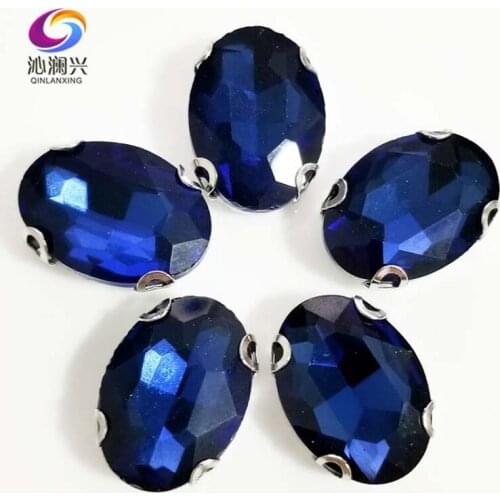 Ink blue oval shape High quality Glass Crystal sew on D shape Anti hook claw rhinestones with holes,Diy/Clothing accessories