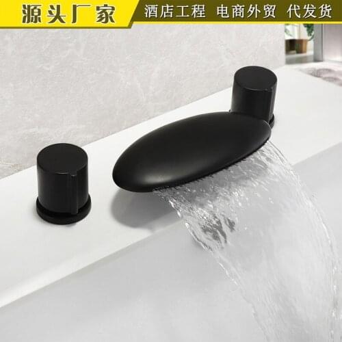 Black split type three-piece bathroom basin faucet copper falls all cold and hot bath crock bibcock