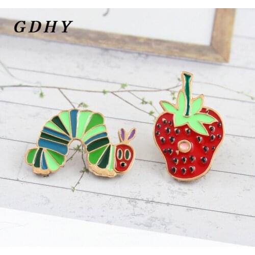 GDHY Cartoon Strawberry Insect Brooch Fruit Strawberry And Worm Enamel Pins Clothes Backpack For Kids Girl Family Jewelry Gifts
