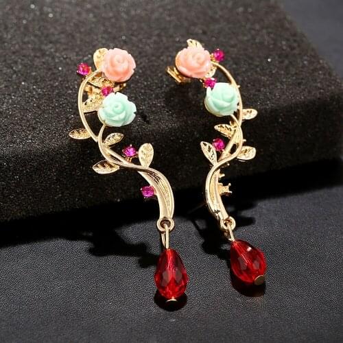 ZLDYOU Multi Colored Resin Rose Flower Ear Cuff Women Gifts Jewelry Crystal Water Drop Earcuffs Acrylic Beads Clip Earring