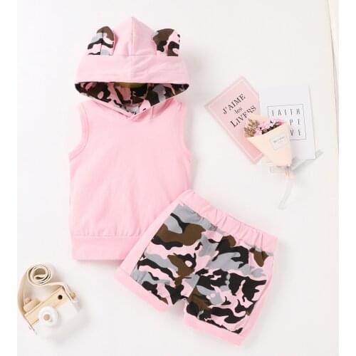 0-24M Newborn Baby Girls Clothes Set, Pink Camouflage Printed Pattern Sleeveless Hooded Tops + Shorts 2Pcs Outfits