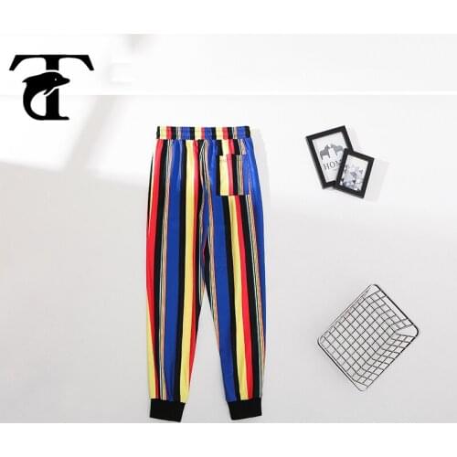 Zipper Fly Pocket Harem Pants Men 2020 Korean Casual Printing Striped Pant Blue Loose Elastic Waist Trouser Man Summer Joggers
