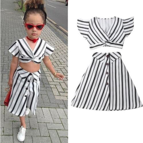 New Childrens Personality Elastic Casual Black White Striped Adorable Top + Pants Girls 2PCS Clothes Set Girl Suit Aututmn