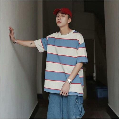 Couple Clothing Oversized Men T Shirt Stripe Korean Fashion Short Sleeve O Neck Harajuku Hip Pop Loose Casual Streetwear Vintage