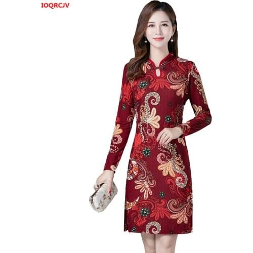 Womens Dress Spring Summer Fashion Print Cheongsam Dress Middle-aged Mother Elegant Midi Dress Plus Size Vestidos 5XL W1862