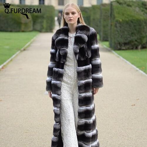 Q.FURDREAM Fashion Long Style Real Rex Rabbit Fur Coat Turn-down Collar Chinchilla Color Autumn Winter Warm Full Sleeves Jacket