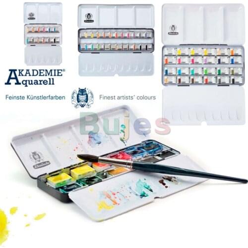 Schmincke AKADEMIE Aquarell Solid 12 24 Half Pans, Art Supplies ,Artist Quality Watercolor, Metal Boxed
