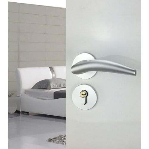 Silver Aluminum Door Lock Bedroom Living Room Interior Exterior Door Handle Lock Cylinder Security Kit