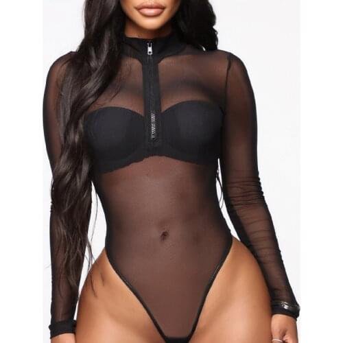 Mesh Bodysuit Long Sleeve Mesh Top Black Bodysuit for Women Sexy Club Outfits Body Manga Comprida Bodys Mujer Body Negros Mujer