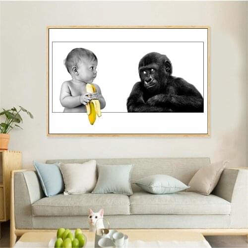 Funny Humor Monkey Baby Banana Poster Black White Wall Art Pictures Canvas Painting Modern Minimalist Scandinavian Decoration
