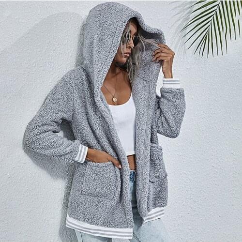 2020 Autumn Winter Women Fleece Sweatshirt Solid Coat Hooded Casual Loose Female Warm Jacket With Pockets Zip up Ladies Clothes