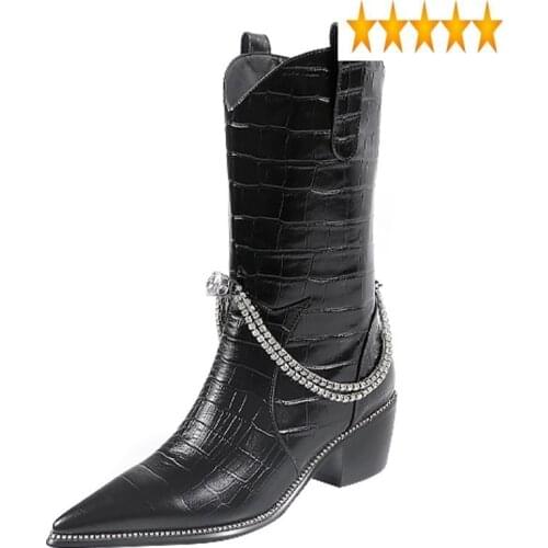 Pointed Toe Chunky Chelsea Women Diamond Chains Western White Thick Heel Knight Boots Winter Runway Ladies Shoes